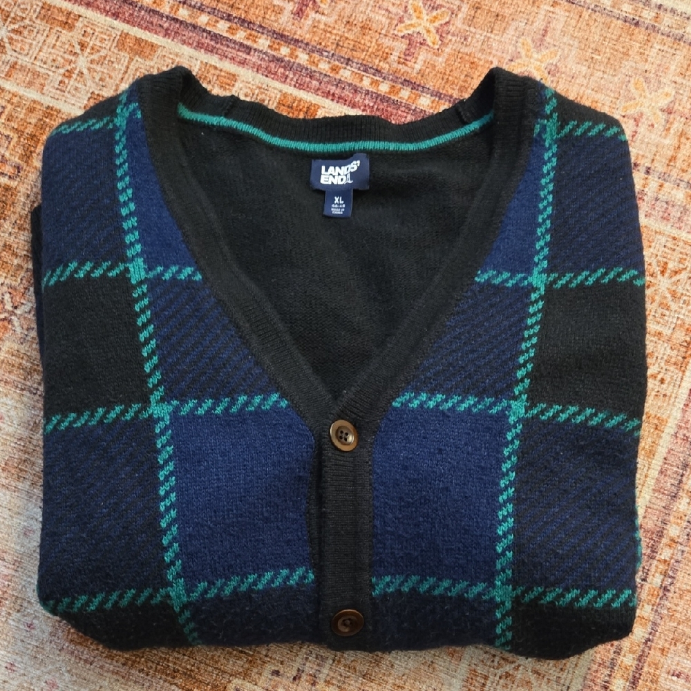 Lands' End Men's Black and Blue Checkered Cardigan